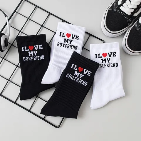 Unisex Cotton Mid Tube Couple Socks Letter Embroidery Casual Crew Socks White Black Daily Wear Fashion Hosiery