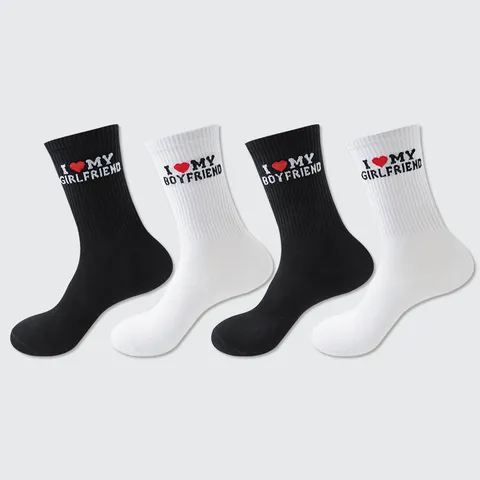 Unisex Couple Cotton Crew Socks Letter Embroidery I Love My Boyfriend And Girlfriend Casual Socks Valentine Gift