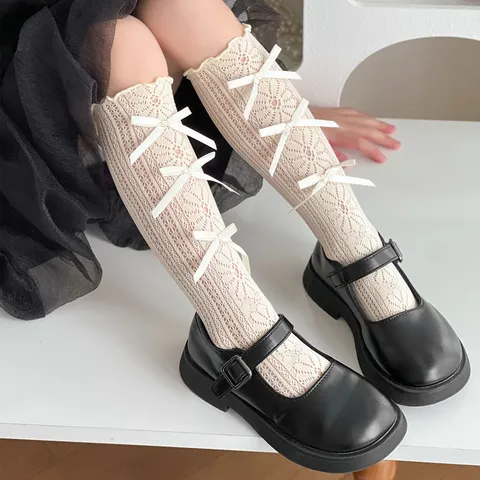 Girls Summer Thin Lolita Lace Ruffle Bowknot Long Tube Socks Sweet Cute Princess Calf High Tube Socks
