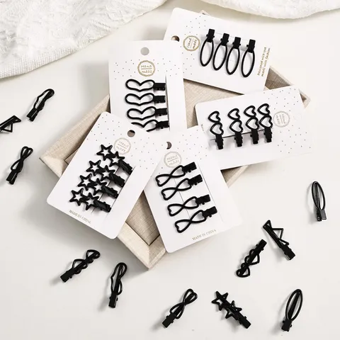 Conjunto De Horquillas De Metal Negro Lindo Corazón Estrella Lazo Pasadores Dulce Flequillo Clips Para Mujeres Accesorios