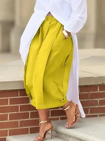 Women Solid Color Wide Leg Cropped Pants Casual High Waist Pleated Trousers With Pockets Office Lady Daily Wear Polyester Pants