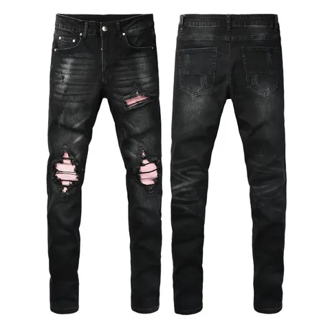Men Streetwear Washed Black Distressed Jeans American Retro Patchwork Skinny Denim Pants Patch Embellishment Casual Trousers