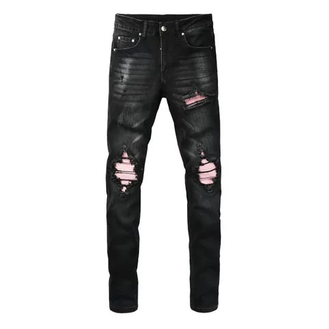 Men Streetwear Washed Black Distressed Jeans American Retro Patchwork Skinny Denim Pants Patch Embellishment Casual Trousers
