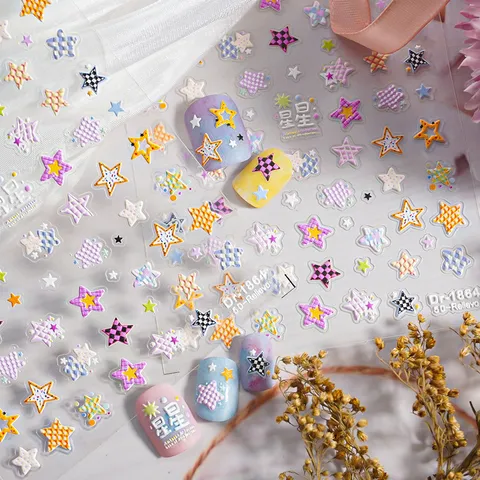 5D Reliëf Nagelstickers Schattige Vijfhoekige Sterren Ruit Ontwerp Zelfklevende Nageldecals DIY Manicure Decoraties