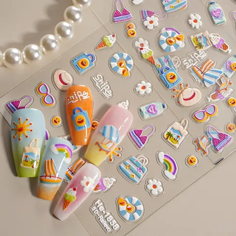 5D In Reliëf Nagelstickers Zomer Strand Cartoon PVC Hars Zelfklevende Nagelstickers Manicure Decoraties