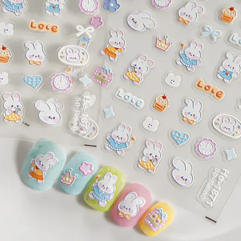 5D Reliëf Schattige Cartoon Konijn Strik Nagelstickers Zoete Ins Stijl Zelfklevende Decals Manicure Decoraties