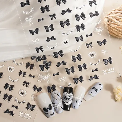 5D Inreliëf Nagelkunst Stickers Wit Zwart Rood Roze Strik Parel Nagel Decals Schattig Ins Stijl Manicure Accessoires