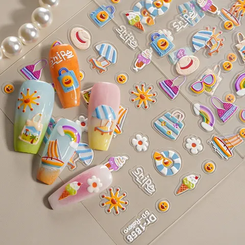 5D Gecorrigeerde Zomer Strand Cartoon Nagelkunst Stickers Ins Stijl Vakantie Manicure Decals Zelfklevende Nageldecoraties