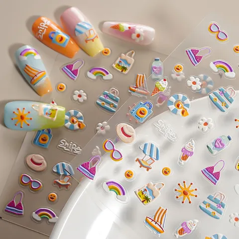 5D In Reliëf Nagelstickers Zomer Strand Cartoon PVC Hars Zelfklevende Nagelstickers Manicure Decoraties