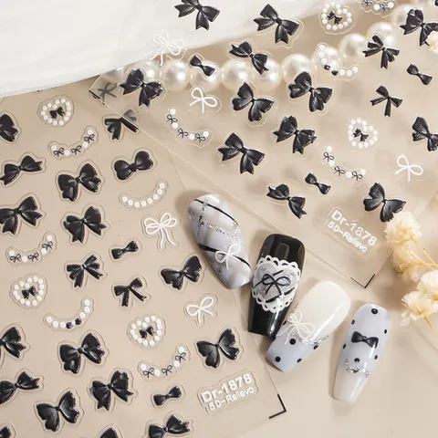 5D Inreliëf Nagelkunst Stickers Wit Zwart Rood Roze Strik Parel Nagel Decals Schattig Ins Stijl Manicure Accessoires