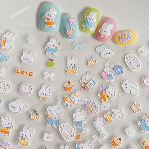 5D Reliëf Schattige Cartoon Konijn Strik Nagelstickers Zoete Ins Stijl Zelfklevende Decals Manicure Decoraties