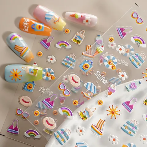 5D Gecorrigeerde Zomer Strand Cartoon Nagelkunst Stickers Ins Stijl Vakantie Manicure Decals Zelfklevende Nageldecoraties
