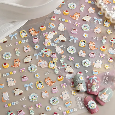5D In reliëf Schattige Cartoon Kat Nagelstickers Reliëf DIY Manicure Decals Zelfklevende Nageldecoratie Accessoires