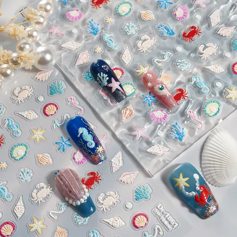 5D Reliëf Oceaan Thema Nail Art Stickers Kwallen Zeester Schelp Schattige Manicure Decals Zelfklevende Nagel Accessoires