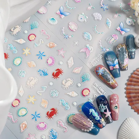 5D Reliëf Oceaan Thema Nail Art Stickers Kwallen Zeester Schelp Schattige Manicure Decals Zelfklevende Nagel Accessoires