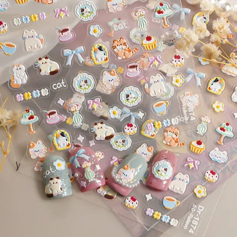 5D In reliëf Schattige Cartoon Kat Nagelstickers Reliëf DIY Manicure Decals Zelfklevende Nageldecoratie Accessoires