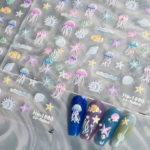 Geproduceerde Oceanische Zeeleven Nail Art Stickers met Schattige Kwallen Zeesterren Schelpen Manicure Nageldecoratie