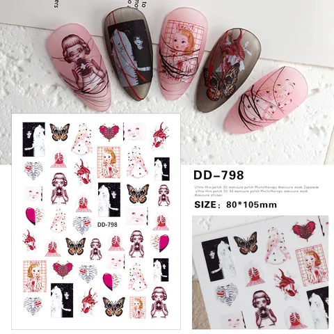 3D Schattige Cartoon Donker Klein Meisje Nail Art Stickers Zelfklevende Gotische Nageldecals Vrouwen Manicure Decoraties