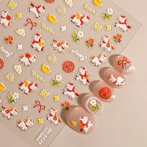5D Inreliëf Schattig Tekening Pony Nail Art Stickers Ins Stijl Zelfklevende Decals DIY Manicure Nagel Decoratie Benodigdheden