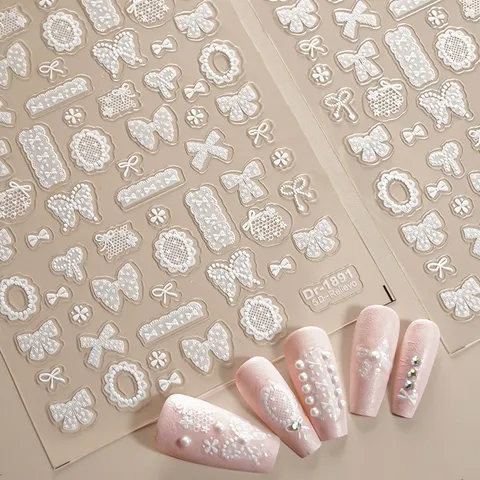 5D Inreliëf Kant Strik Nagelstickers Transparant Wit Roze Schattig Franse Stijl Manicure Decals DIY Nageldecor