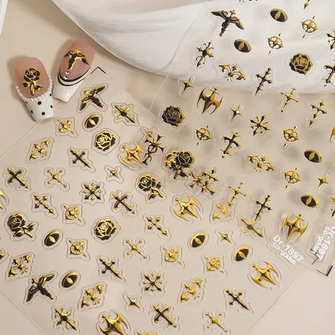 5D Inreliëf Goud Zilver Nagelstickers Gotische Kruis Roos Halloween Zelfklevende Nagelstickers Mode Nail Art Decoratie