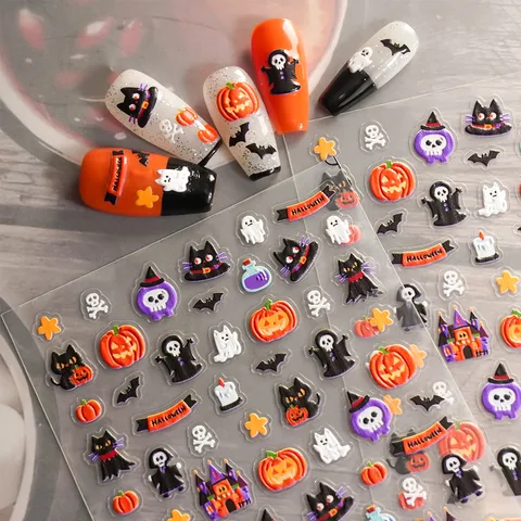 5D Inreliëf Halloween Nagelstickers Spook Schedel Pompoen Spinnenweb Decals DIY Nageldecoratie Ontwerp Zelfklevende Sliders