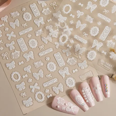 5D Inreliëf Kant Strik Nagelstickers Transparant Wit Roze Schattig Franse Stijl Manicure Decals DIY Nageldecor