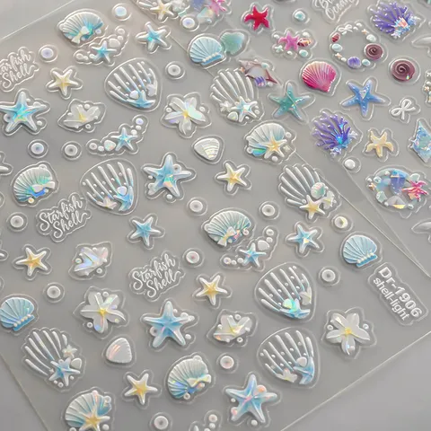 5D In relief Schelp Zeester Nagelstickers Holografische Schelpenlicht Nagel Decals Oceaan Thema Nail Art Decoraties Voor Vrouwen