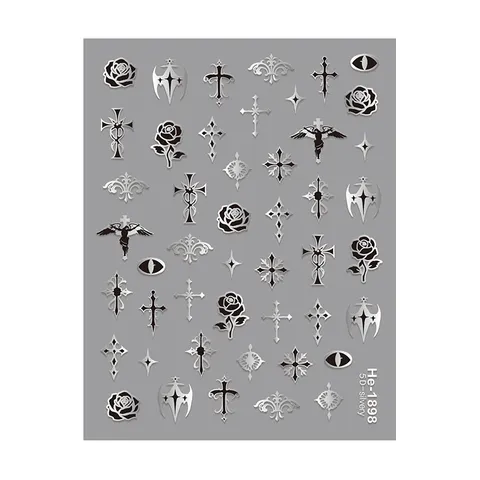 5D Inreliëf Goud Zilver Gotische Kruis Roos Nagelstickers Gotische Religieuze Stickers Nagelontwerp Manicure Accessoires