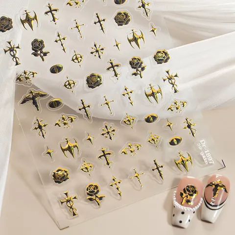 5D Inreliëf Goud Zilver Nagelstickers Gotische Kruis Roos Halloween Zelfklevende Nagelstickers Mode Nail Art Decoratie