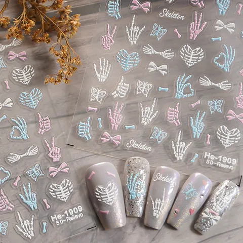 5D Geembosseerde Halloween Schattige Kleine Skelett Nagelstickers Shell Light Laser Decals