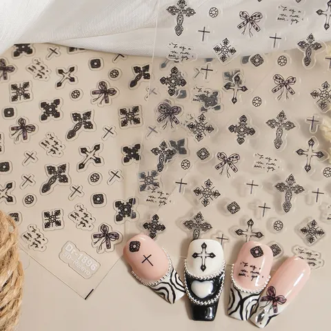 5D Reliëf Nagelstickers Gotisch Kruis Strik Kant Ontwerp Zelfklevende Stickers DIY Manicure Decoratie Accessoires