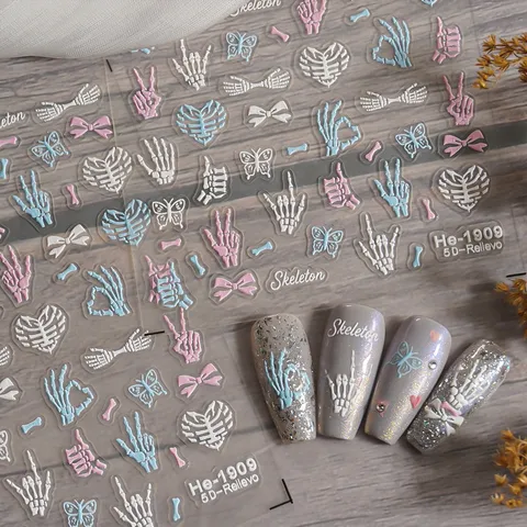 5D Geembosseerde Halloween Schattige Kleine Skelett Nagelstickers Shell Light Laser Decals