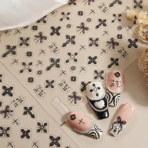 5D Reliëf Nagelstickers Gotisch Kruis Strik Kant Ontwerp Zelfklevende Stickers DIY Manicure Decoratie Accessoires