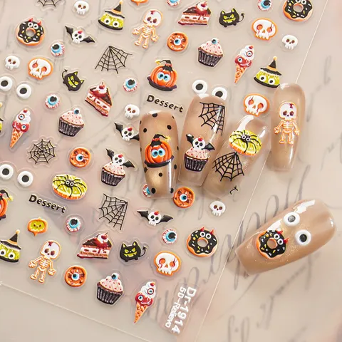 Halloween 5D Inreliëf Nagelkunst Stickers Spook Schedel Pompoen Decals Manicure Decoraties