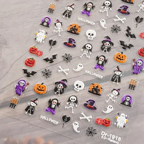 Halloween 5D Inreliëf Nagelkunst Stickers Spook Schedel Pompoen Decals Manicure Decoraties