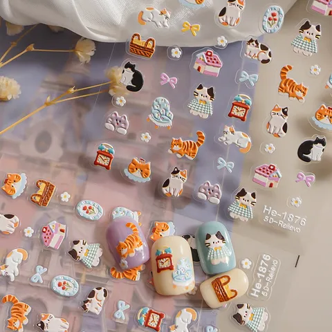 5D Inreliëf Schattige Kat Nagelstickers Ins Stijl Cartoon Zelfklevende Nagel Decals DIY Manicure Nail Art Decoraties