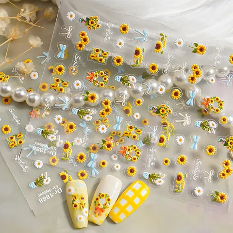5D Inreliëf Zonnebloem Nagelkunst Stickers Schattige Madeliefjes Strik Zelfklevende Decals Ins Stijl Nagelontwerp Manicure Accessoires
