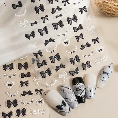 5D Inreliëf Strik Parel Nagelstickers Leuke Lint Decals Zelfklevende Manicure Slider Nageldecoraties