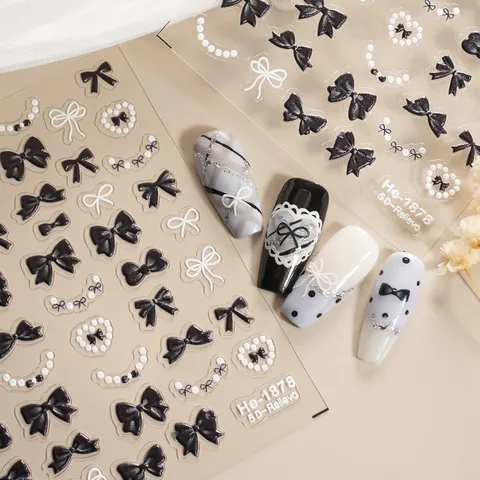 5D Inreliëf Strik Parel Nagelstickers Leuke Lint Decals Zelfklevende Manicure Slider Nageldecoraties
