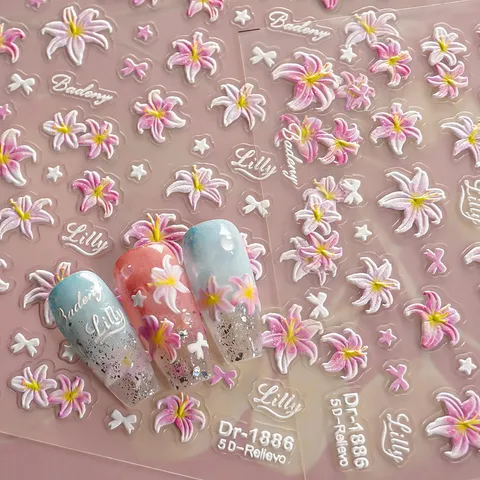 5D Reliëf Lelie Bloem Nagelsticker Heet Stempelen Zilver Ins Stijl Vlinder Ster Decals DIY Manicure Decoraties