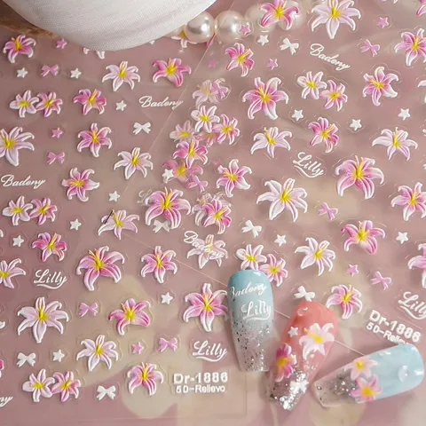 5D Reliëf Lelie Bloem Nagelsticker Heet Stempelen Zilver Ins Stijl Vlinder Ster Decals DIY Manicure Decoraties