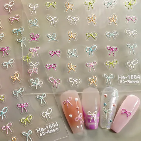 5D Inreliëf Schattige Strik Nagelstickers Ins Stijl Kleurrijke Hars Zelfklevende Nagel Decals Manicure Decoratie Accessoires