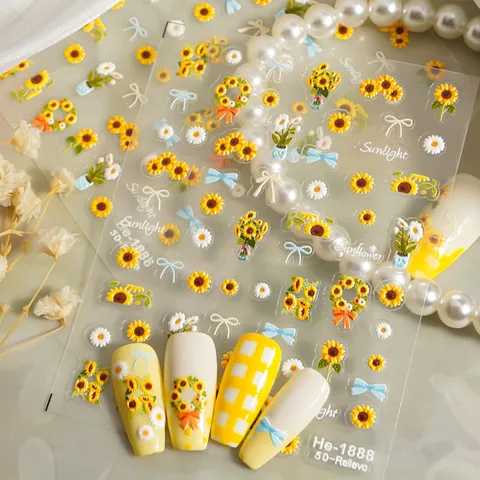 5D Gepresste Zonnebloem Nagelstickers Leuke Madeliefjes Strik Bloemen Zelfklevende Decals Ins Stijl Manicure Accessoires