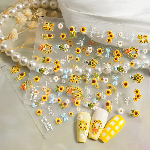 5D Gepresste Zonnebloem Nagelstickers Leuke Madeliefjes Strik Bloemen Zelfklevende Decals Ins Stijl Manicure Accessoires