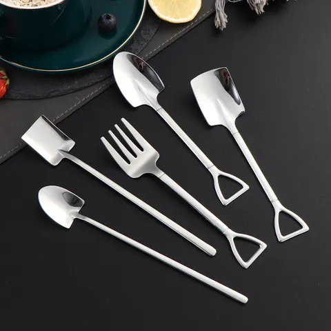 Set Cucchiaio e Forchetta in Acciaio Inossidabile a Forma di Pala Creativo Gelato Caffè Agitazione Stoviglie da Cucina