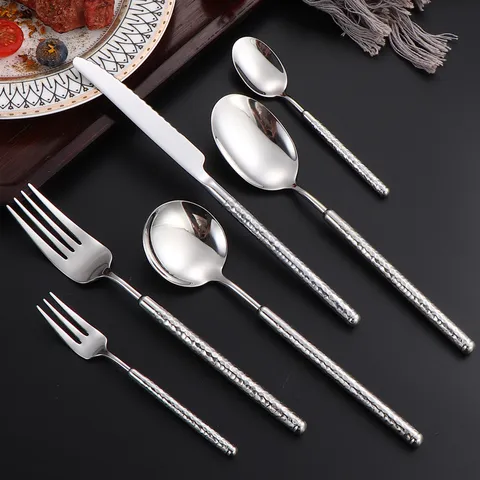 Coltello da Pranzo per Tavola in Acciaio Inossidabile 304 Martellato a Diamante Rotondo Forchetta Cucchiaio Cucina Ristorante Bistecca Set di Posate
