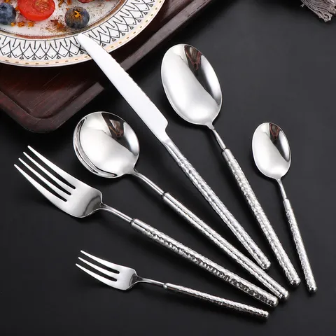 Coltello da Pranzo per Tavola in Acciaio Inossidabile 304 Martellato a Diamante Rotondo Forchetta Cucchiaio Cucina Ristorante Bistecca Set di Posate