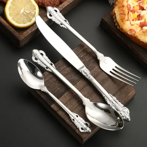 Coltello da Pranzo in Acciaio Inossidabile con Motivo Rilievo Retro Vintage Cucchiaio Forchetta Lusso