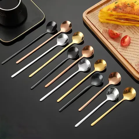Cucchiaio a Manico Lungo in Acciaio Inossidabile Cucchiaio da Caffè Dessert Oro Argento Rotondo Mescolanza Cucchiaio per Stoviglie da Cucina